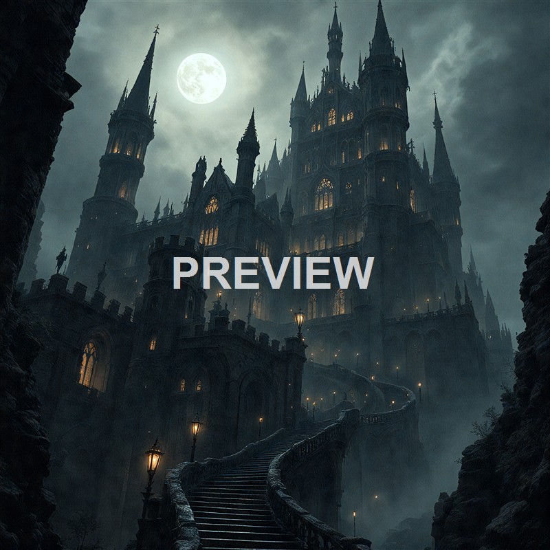 A large, dark, gothic-style castle with tall spires illuminated by warm lights, set against a cloudy night sky with a full moon overhead, and a winding staircase leading up to it.
